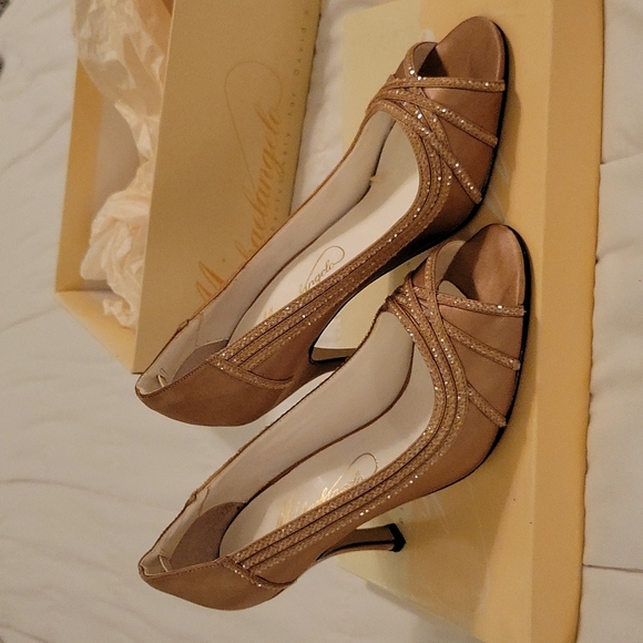 Gold Sequin Peep-toe Pumps - Picture 1 of 9